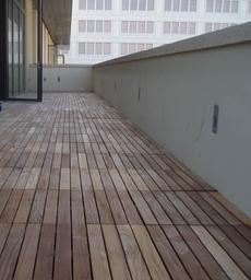 Bison adjustable pedestals support elevated Ipe wood tiles